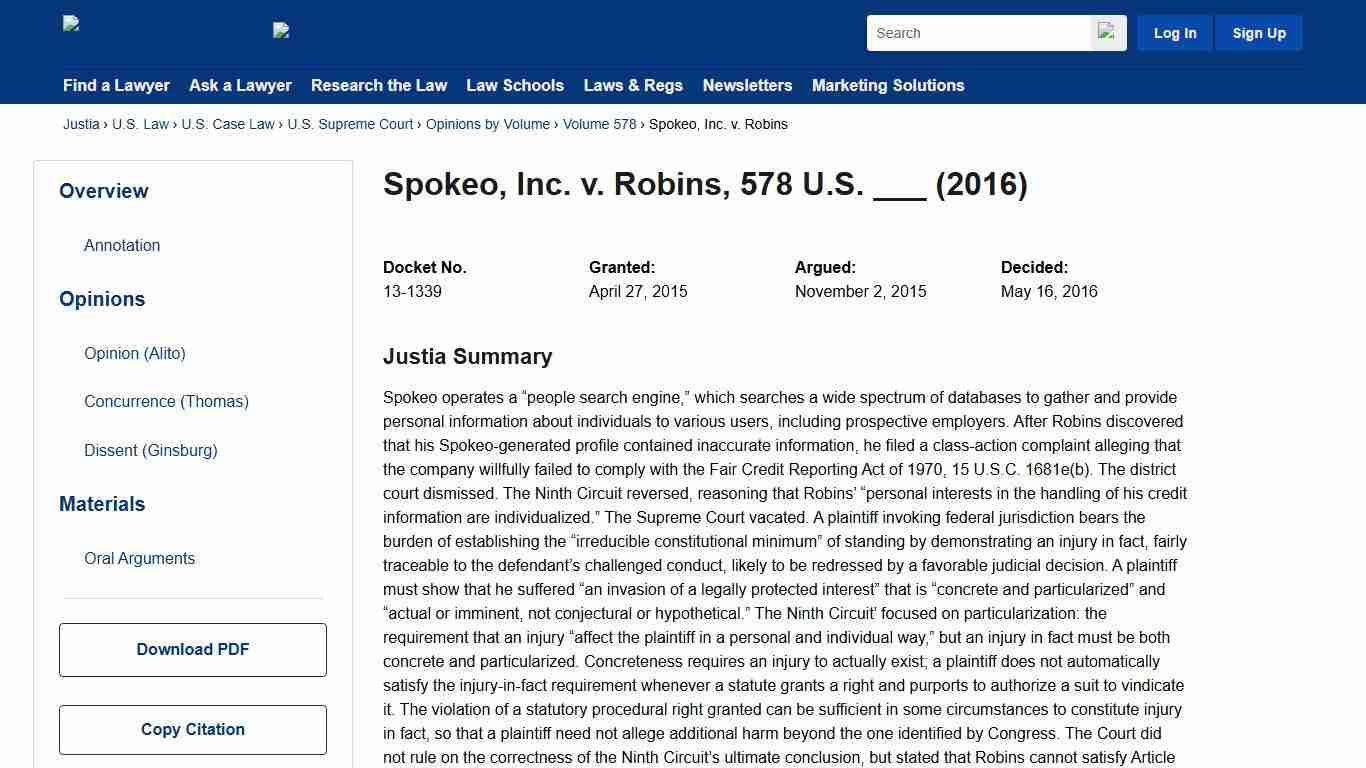 Spokeo, Inc. v. Robins 578 U.S. ___ (2016) Justia U.S. Supreme Court Center